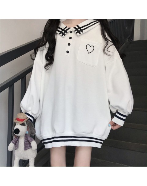 HOUZHOU Winter Kawaii Sailor Collar Hoodies Women Japanese Sweet Heart Embroidery Pocket Sweatshirt Harajuku Preppy Style Top