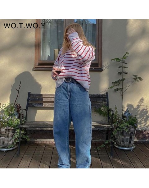 WOTWOY Casual Oversized Striped Pullovers Women Knitted Basic Autumn Winter Sweaters Female Loose-Fitting Thick Jumpers 2021 New