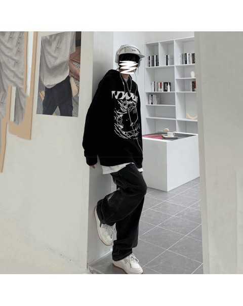 HOUZHOU Harajuku Anime Print Black Hoodies Women Hip Hop Streetwear Autumn Winter Gothic Punk Long Sleeve Oversized Hoodie Goth