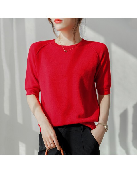BELIARST 2021 Spring and Summer New Bottoming Shirt Woman O-Neck Pullover Short-sleeved Vest 100% Pure Wool Knitted T-Shirt