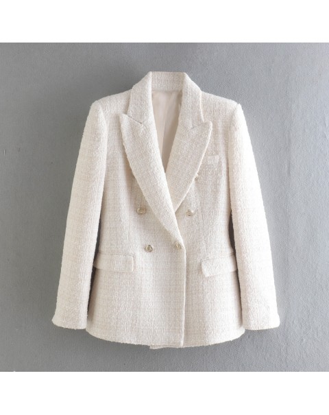 WXWT Women Solid Tweed Double Breasted Blazer Coat Long Sleeve Pockets Outerwear Female Spring New Tops CD8395