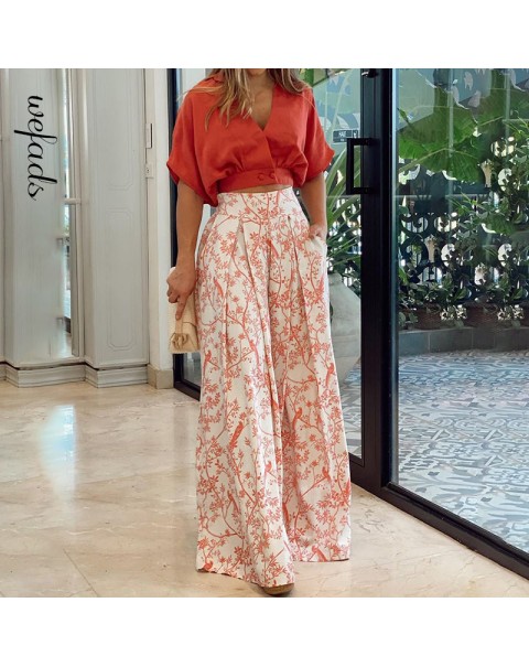 Wefads Womens Two Piece Sets Sexy Mid Sleeve Shirt Elgant Floral Print Wide Leg Pant High Streetwear