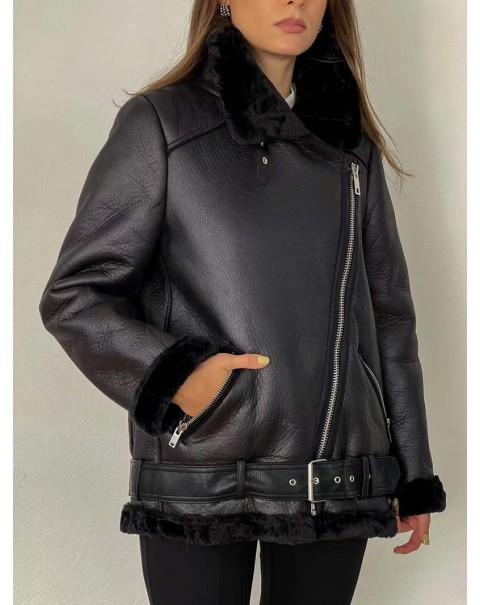 New Winter Coats Women Thick Faux Leather Fur Sheepskin Coat Female Fur Leather Jacket Aviator Jacket Casaco Feminino trf