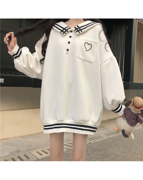 HOUZHOU Winter Kawaii Sailor Collar Hoodies Women Japanese Sweet Heart Embroidery Pocket Sweatshirt Harajuku Preppy Style Top