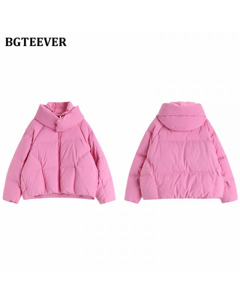 BGTEEVER Chic Hooded Cotton Padded Women Parkas 2021 Winter Warm Loose Solid Thicken Female Coats Ladies Zippers Outwear