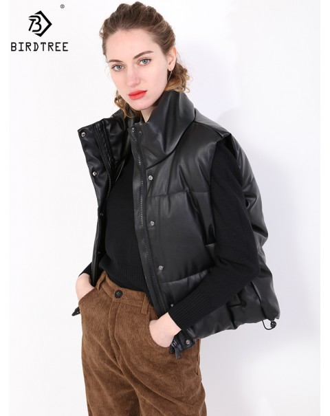 New Fashion Female Black Warm Faux Leather Vest Coat Casual Zipper Sleeveless Jacket Women Cotton Short Outwear C10702Y