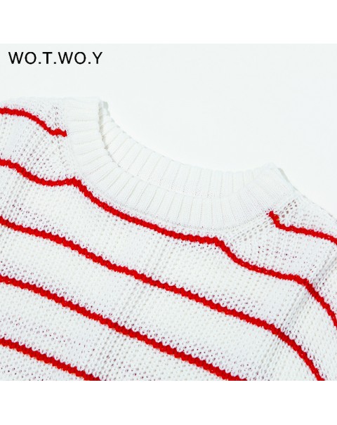 WOTWOY Casual Oversized Striped Pullovers Women Knitted Basic Autumn Winter Sweaters Female Loose-Fitting Thick Jumpers 2021 New