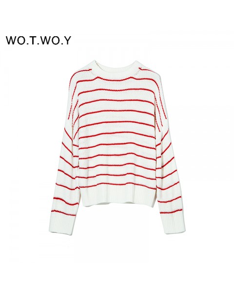 WOTWOY Casual Oversized Striped Pullovers Women Knitted Basic Autumn Winter Sweaters Female Loose-Fitting Thick Jumpers 2021 New