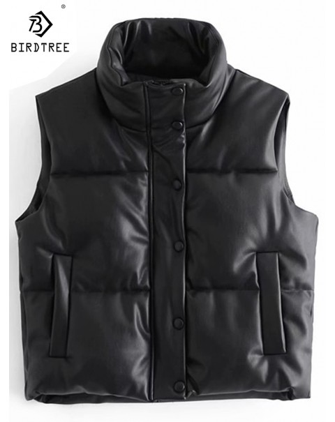 New Fashion Female Black Warm Faux Leather Vest Coat Casual Zipper Sleeveless Jacket Women Cotton Short Outwear C10702Y