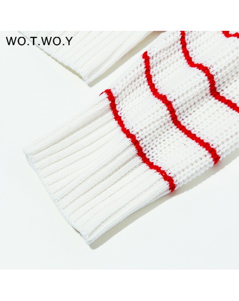 WOTWOY Casual Oversized Striped Pullovers Women Knitted Basic Autumn Winter Sweaters Female Loose-Fitting Thick Jumpers 2021 New