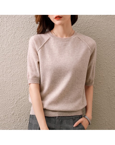 BELIARST 2021 Spring and Summer New Bottoming Shirt Woman O-Neck Pullover Short-sleeved Vest 100% Pure Wool Knitted T-Shirt