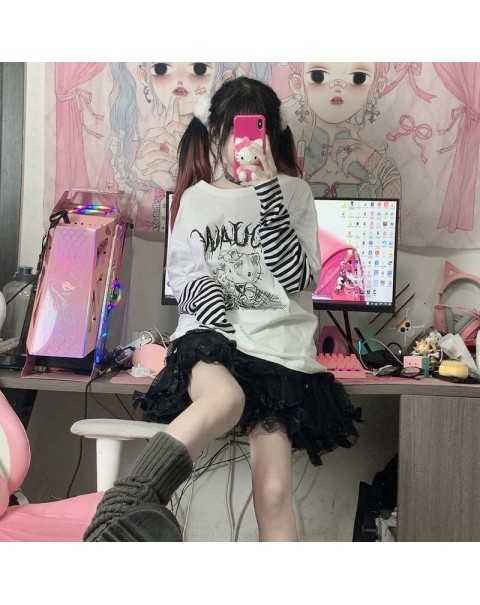HOUZHOU Japanese Style Anime T-shirt Women Kawaii Harajuku Patchwork Long Sleeve T-shirts Fake Two Piece Goth Cute Tops E Girl