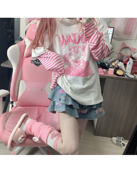 HOUZHOU Japanese Style Anime T-shirt Women Kawaii Harajuku Patchwork Long Sleeve T-shirts Fake Two Piece Goth Cute Tops E Girl