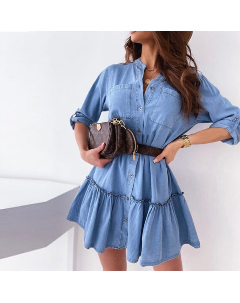 Spring Light Blue Long Sleeve Shirt Dress Office Ladies Big Pocket Button Ruffles Solid Dress Casual Loose Streetwear Dress 2022