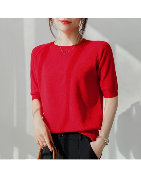 BELIARST 2021 Spring and Summer New Bottoming Shirt Woman O-Neck Pullover Short-sleeved Vest 100% Pure Wool Knitted T-Shirt