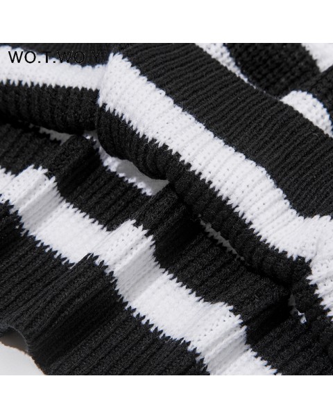WOTWOY Zipper Polo Collar Knitted Black White Striped Sweater Women Thick Autumn Winter Loose Pullovers Female Casual Jumpers
