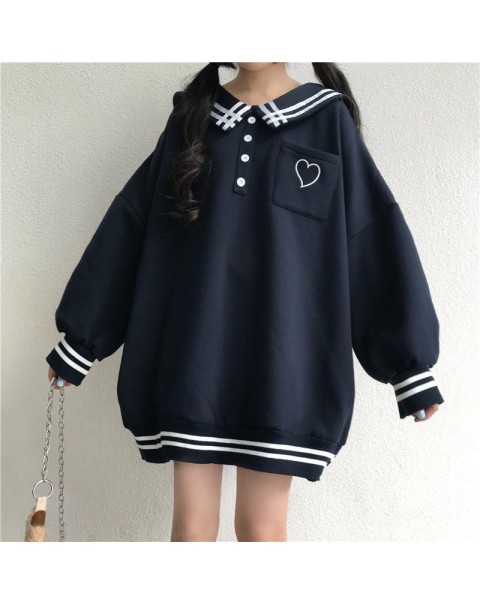 HOUZHOU Winter Kawaii Sailor Collar Hoodies Women Japanese Sweet Heart Embroidery Pocket Sweatshirt Harajuku Preppy Style Top