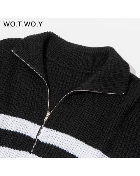 WOTWOY Zipper Polo Collar Knitted Black White Striped Sweater Women Thick Autumn Winter Loose Pullovers Female Casual Jumpers