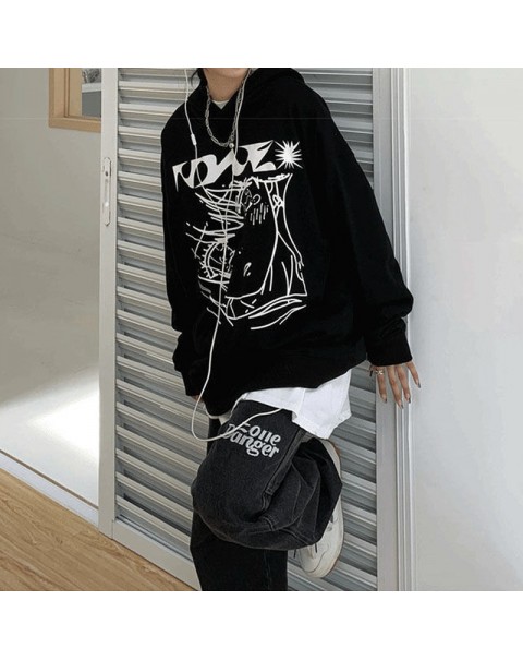 HOUZHOU Harajuku Anime Print Black Hoodies Women Hip Hop Streetwear Autumn Winter Gothic Punk Long Sleeve Oversized Hoodie Goth