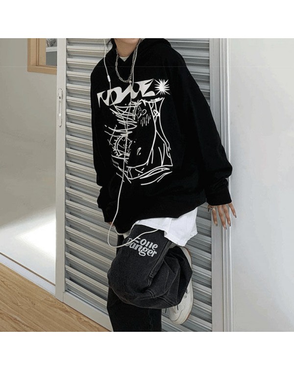 HOUZHOU Harajuku Anime Print Black Hoodies Women H...