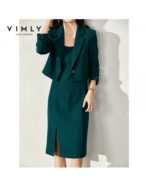 Vimly 2022 Spring Suit Jacket Women's Clothing Set Fashion Short Blazers Office Lady Strapped Dress Female Two Piece Set V1388