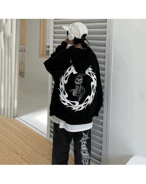 HOUZHOU Harajuku Anime Print Black Hoodies Women Hip Hop Streetwear Autumn Winter Gothic Punk Long Sleeve Oversized Hoodie Goth