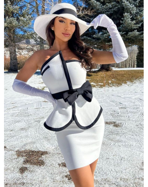 Women's Patchwork Bandage Suit Summer 2 Two Piece Sets Strapless Sexy Bodycon Sleeveless Bow Top & Mini Skirt Club Party Outfit