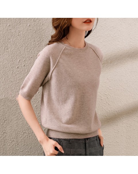 BELIARST 2021 Spring and Summer New Bottoming Shirt Woman O-Neck Pullover Short-sleeved Vest 100% Pure Wool Knitted T-Shirt