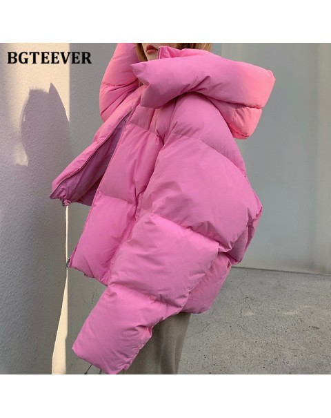 BGTEEVER Chic Hooded Cotton Padded Women Parkas 2021 Winter Warm Loose Solid Thicken Female Coats Ladies Zippers Outwear