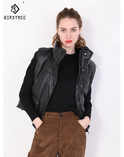 New Fashion Female Black Warm Faux Leather Vest Coat Casual Zipper Sleeveless Jacket Women Cotton Short Outwear C10702Y