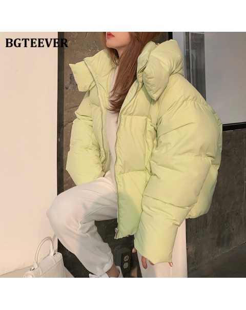 BGTEEVER Chic Hooded Cotton Padded Women Parkas 2021 Winter Warm Loose Solid Thicken Female Coats Ladies Zippers Outwear