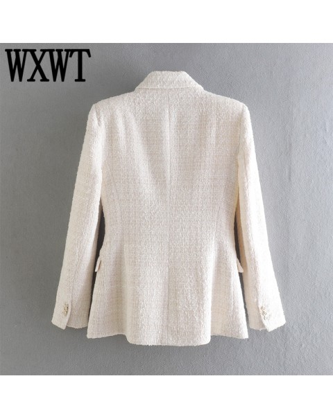 WXWT Women Solid Tweed Double Breasted Blazer Coat Long Sleeve Pockets Outerwear Female Spring New Tops CD8395