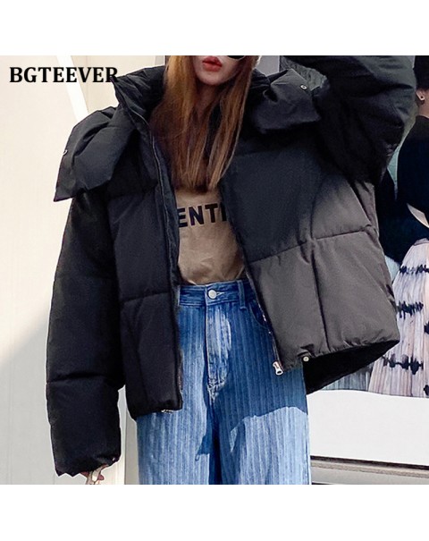 BGTEEVER Chic Hooded Cotton Padded Women Parkas 2021 Winter Warm Loose Solid Thicken Female Coats Ladies Zippers Outwear