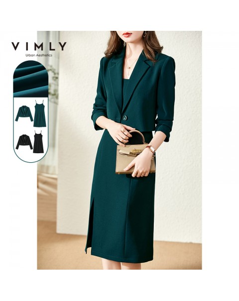 Vimly 2022 Spring Suit Jacket Women's Clothing Set Fashion Short Blazers Office Lady Strapped Dress Female Two Piece Set V1388