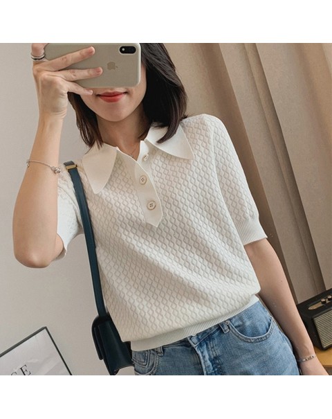BELIARST 100% cotton women's short-sleeved summer new style POLO collar knitted vest wispy knitted T-shirt