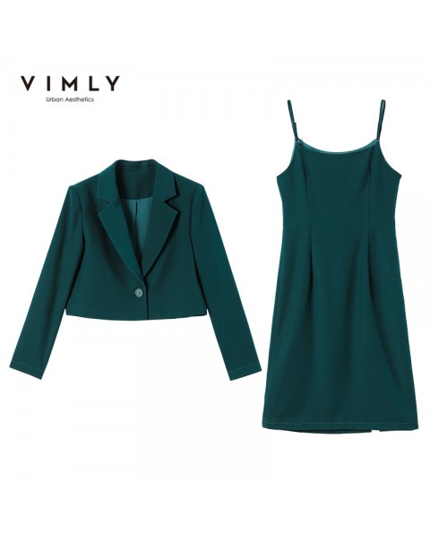 Vimly 2022 Spring Suit Jacket Women's Clothing Set Fashion Short Blazers Office Lady Strapped Dress Female Two Piece Set V1388