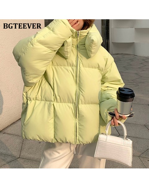 BGTEEVER Chic Hooded Cotton Padded Women Parkas 2021 Winter Warm Loose Solid Thicken Female Coats Ladies Zippers Outwear