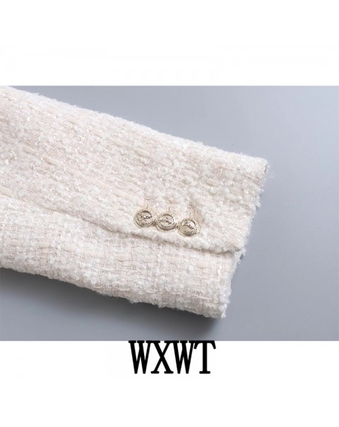 WXWT Women Solid Tweed Double Breasted Blazer Coat Long Sleeve Pockets Outerwear Female Spring New Tops CD8395