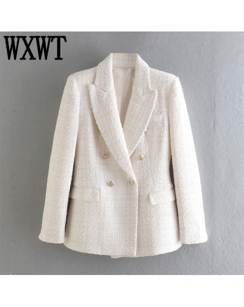 WXWT Women Solid Tweed Double Breasted Blazer Coat Long Sleeve Pockets Outerwear Female Spring New Tops CD8395