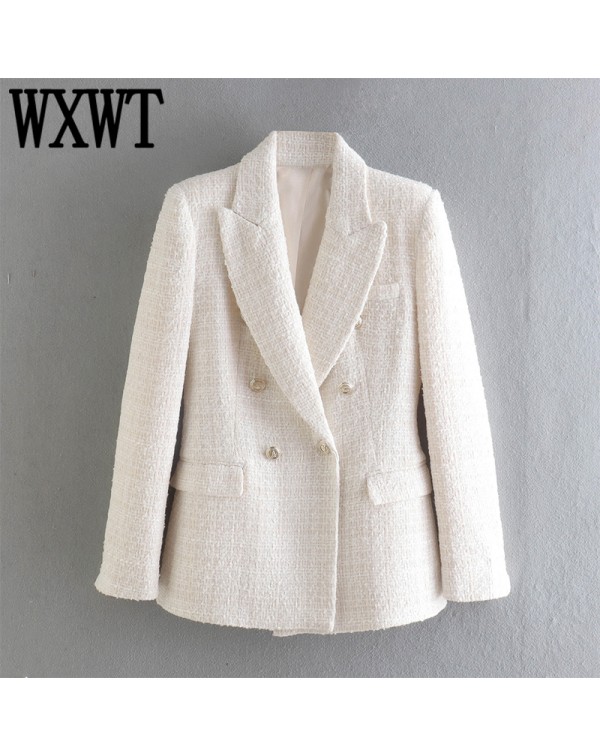 WXWT Women Solid Tweed Double Breasted Blazer Coat...