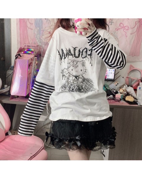 HOUZHOU Japanese Style Anime T-shirt Women Kawaii Harajuku Patchwork Long Sleeve T-shirts Fake Two Piece Goth Cute Tops E Girl
