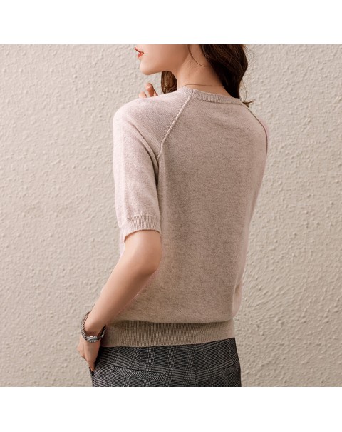 BELIARST 2021 Spring and Summer New Bottoming Shirt Woman O-Neck Pullover Short-sleeved Vest 100% Pure Wool Knitted T-Shirt