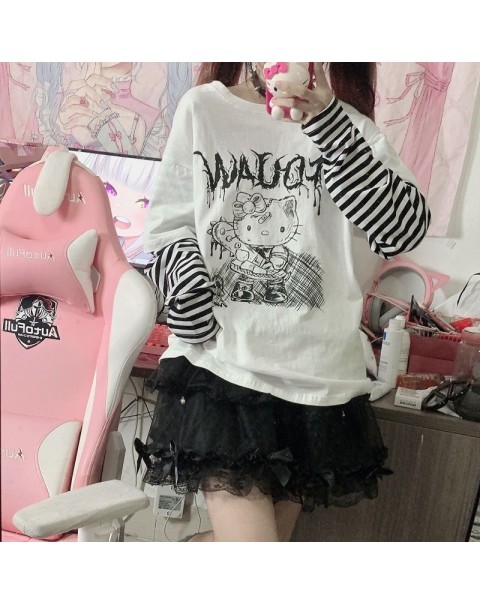 HOUZHOU Japanese Style Anime T-shirt Women Kawaii Harajuku Patchwork Long Sleeve T-shirts Fake Two Piece Goth Cute Tops E Girl