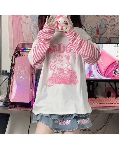 HOUZHOU Japanese Style Anime T-shirt Women Kawaii Harajuku Patchwork Long Sleeve T-shirts Fake Two Piece Goth Cute Tops E Girl