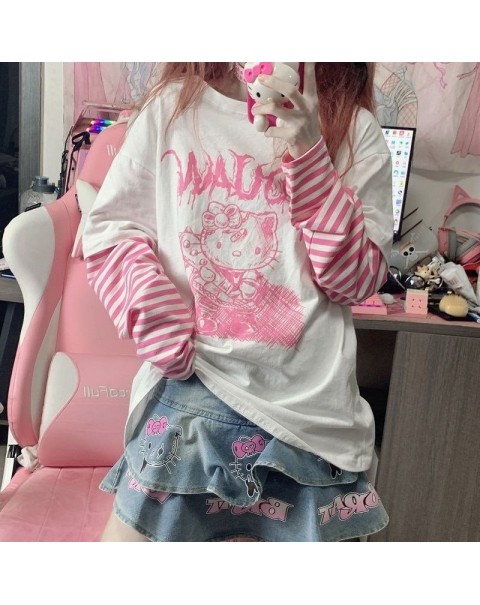 HOUZHOU Japanese Style Anime T-shirt Women Kawaii Harajuku Patchwork Long Sleeve T-shirts Fake Two Piece Goth Cute Tops E Girl