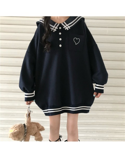HOUZHOU Winter Kawaii Sailor Collar Hoodies Women Japanese Sweet Heart Embroidery Pocket Sweatshirt Harajuku Preppy Style Top
