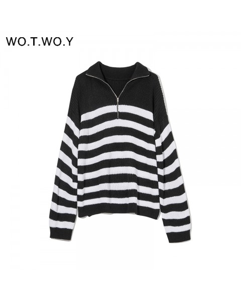 WOTWOY Zipper Polo Collar Knitted Black White Striped Sweater Women Thick Autumn Winter Loose Pullovers Female Casual Jumpers