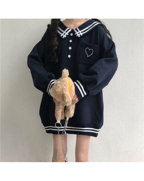 HOUZHOU Winter Kawaii Sailor Collar Hoodies Women Japanese Sweet Heart Embroidery Pocket Sweatshirt Harajuku Preppy Style Top