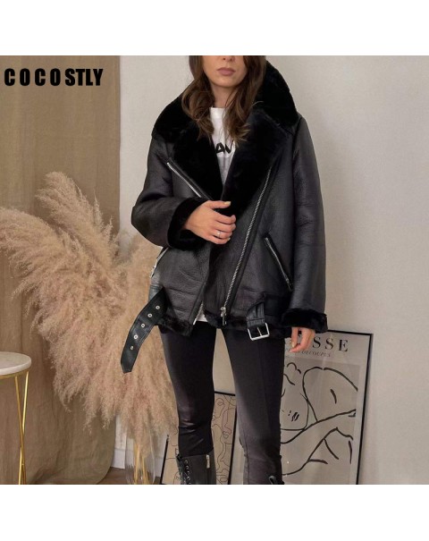 New Winter Coats Women Thick Faux Leather Fur Sheepskin Coat Female Fur Leather Jacket Aviator Jacket Casaco Feminino trf